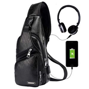 Black Leather Bag USB Charging Port For Travel